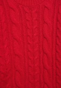 Maglione rosso lavorato a maglia con spessi motivi a treccia e un colletto a coste. Tessuto morbido con dettagli di cucitura in rilievo ben visibili.