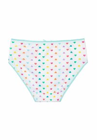 Mutande alte in cotone con una base bianca e motivi a cuori multicolori sparsi. Bordo in pizzo aqua lungo la vita.