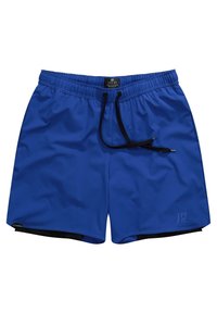 Shorts de bain bleus avec une taille élastique, cordon noir, et doublure intérieure noire contrastante. Présente un logo sur le devant.