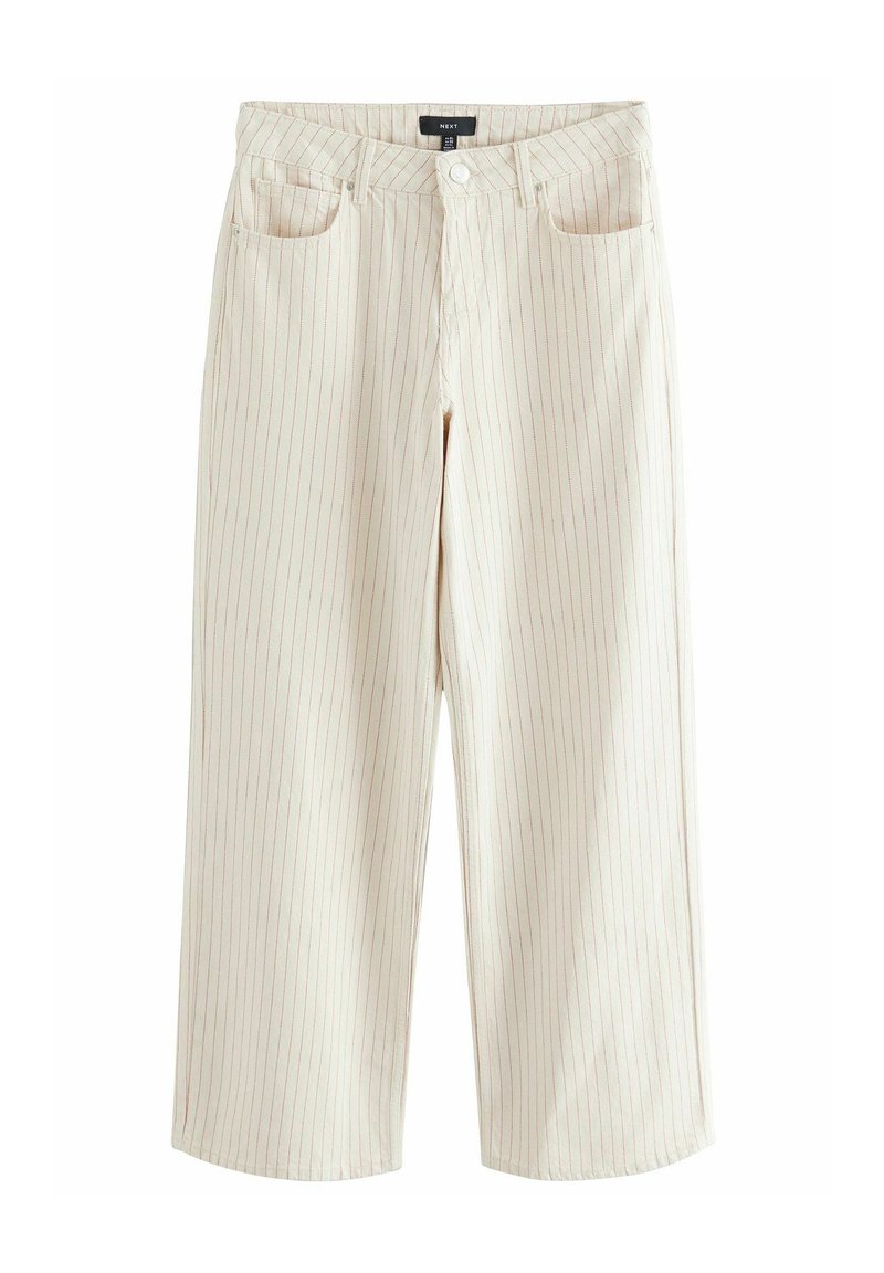 Crème wijde broek met verticale rode strepen, gemaakt van denim, met vijf zakken en een knoopsluiting aan de voorkant.