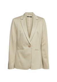 Blazer beigé de tela suave, con cierre de botón único, solapas con muesca y dos bolsillos frontales. Corte entallado con textura suave.