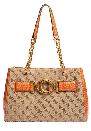 Braune Handtasche mit Muster, orangefarbenem Kunst-Krokodillederbesatz, goldenen Kettenhenkeln und einer großen goldfarbenen "G"-Logo-Verschluss in der Mitte.