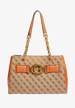 Braune Handtasche mit Muster, orangefarbenem Kunst-Krokodillederbesatz, goldenen Kettenhenkeln und einer großen goldfarbenen "G"-Logo-Verschluss in der Mitte.