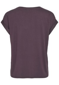 Chemise courte à manches courtes de couleur violet foncé avec poignets roulés, encolure ronde et ourlet droit, vue de dos sur un fond blanc.