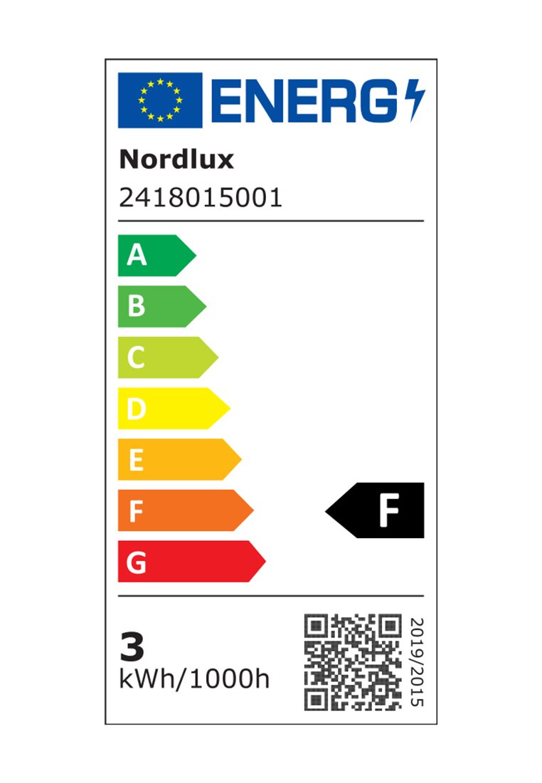 Energielabel für Nordlux, mit einer Bewertung von 'F', farbigen Pfeilen von grün (A) bis rot (G), QR-Code und Verbrauch von 3 kWh/1000h.