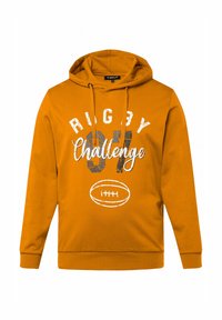 Orange hætte Sweatshirt med hvid og mørkegrå rugbytryk og tekst. Har en kengurulomme og ribbede manchetter og kant.