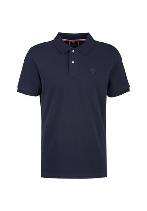 Marineblaues Poloshirt mit kurzen Ärmeln, Kragen, zwei Knöpfen und einem dezenten gestickten Logo auf der linken Brust.