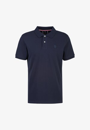 Marineblaues Poloshirt mit kurzen Ärmeln, Kragen, zwei Knöpfen und einem dezenten gestickten Logo auf der linken Brust.