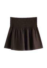 Brun, knælængde nederdel med smocket overdækning og flagrende kant. Fremstillet af letvægtsstof med en glat tekstur og uden yderligere mønstre eller detaljer.