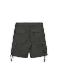 Pantaloni cargo verde scuro con due tasche posteriori e tasche laterali, dotati di lacci regolabili all'orlo. Materiale in cotone, vestibilità comoda.