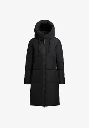 Cappotto imbottito nero con colletto alto, chiusura frontale con zip e cappuccio regolabile. Presenta due tasche laterali e una finitura liscia e opaca.