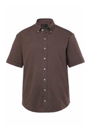 Lyhyet hihat omaava nappipaita, ruskea kangas valkoisilla pilkuilla, klassinen kaulus ja viiden napin kiinnitys, suoralla helmaa.