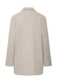 Lichtgrijze wollen blazer met een notch-kraag, lange mouwen en een comfortabele pasvorm. Heeft geen zichtbare hardware of versieringen.