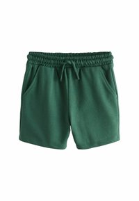 Grüne Shorts aus Baumwollmischung mit elastischem Bund, Kordelzugverschluss und zwei Seitentaschen, mit glatter Textur und lässigem Design.