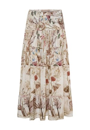 Maxi nederdel med lagdelt design med et afdæmpet blomstret og botanisk tryk i bløde beige, pink, blå og brune toner.