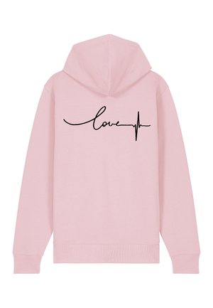 Felpa rosa con cappuccio regolabile. Presenta una grafica con la scritta "love" in corsivo nero e una linea del battito cardiaco sul retro. Tessuto morbido.