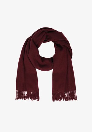 Bordeaux sjaal van zachte stof, met franjes aan de randen en een gladde, gedrapeerde uitstraling. Vervormd in een lus voor draagcomfort.