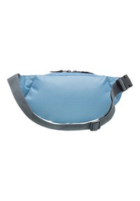 Sininen kangasvyölaukku pyöreällä muotoilulla, harmaa säädettävä hihna ja musta vetoketjukiinnitys. Ominaisuuksina sileä pinta ja minimalistinen muotoilu.