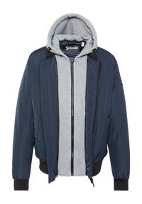 Marineblauer Bomberjacke mit grauer Hoodie-Innenseite, Frontreißverschluss, gerippten Bündchen und Kragen. Verfügt über Taschendetails und schwarze Hardware-Akzente.