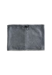 Szürke polár nyakmelegítő állítható húzózsinórral. Sima textúrájú, egyszerű, téglalap alakú kialakítással.