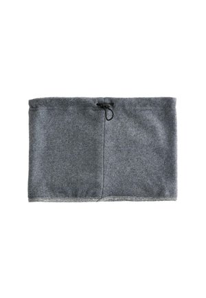 Grijze fleece halswarmer met een verstelbare trekkoord. Beschikt over een gladde textuur en een eenvoudig, rechthoekig ontwerp.