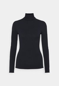 Schwarzes, eng anliegendes Langarm-Turtleneck-Oberteil mit einer glatten Stofftextur vor einem schlichten weißen Hintergrund.