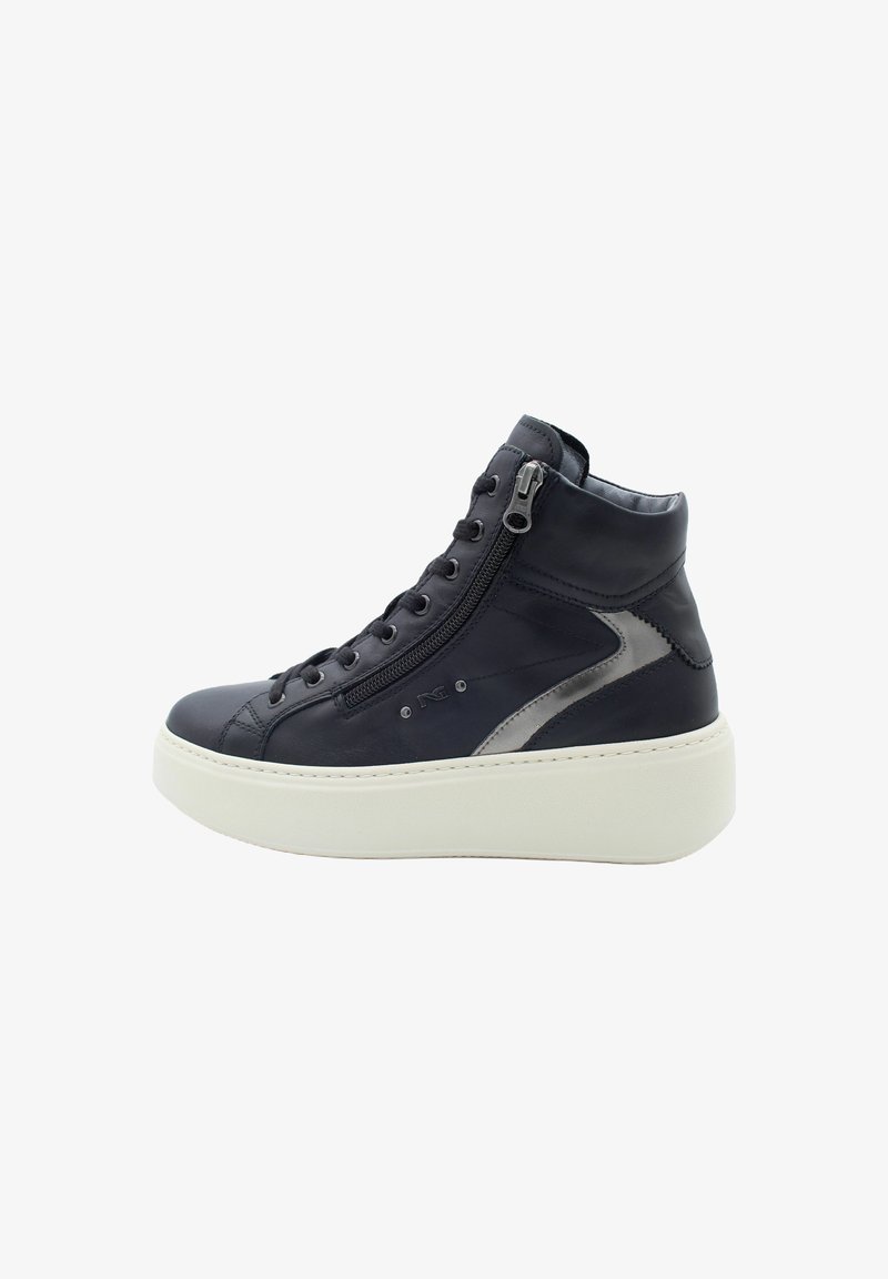 High-Top-Sneaker aus schwarzem Leder mit grauen Akzenten, strukturierten Oberflächen, weißem Plateausohle und seitlichem Reißverschlussdetail.