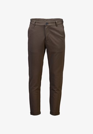 Ruske hlače od tkanine; uski fit dizajn s ravnim prednjim dijelom, jednim dugmetom zatvaranja i smotanih rubova. Glatka tekstura, minimalno detaljiranje.