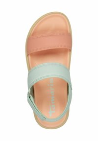 Slide sandal with pink and mint green synthetic straps, cushioned peach insole, light sole, and Tamaris logo on footbed.