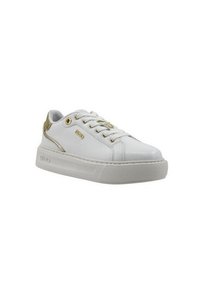 Sneaker bianca con dettagli metallizzati dorati, tomaia in materiale sintetico liscia, punta rotonda, chiusura con lacci e suola in gomma testurizzata.