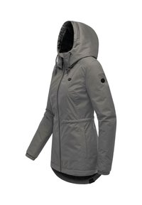 Gray insulated jacket with a hood, featuring a zip closure, adjustable drawstring, elastic cuffs, and a fitted waist for a streamlined shape.
