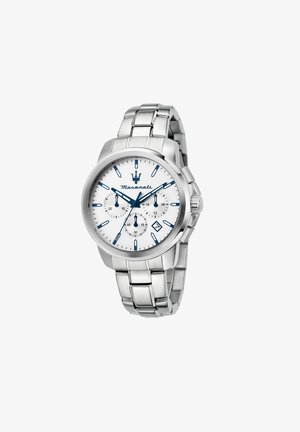 Silberne Maserati-Armbanduhr aus Edelstahl mit weißem Zifferblatt, blauen Stundenmarkierungen, drei Unterzifferblättern, Datumsfenster und Gliederarmband aus Metall.