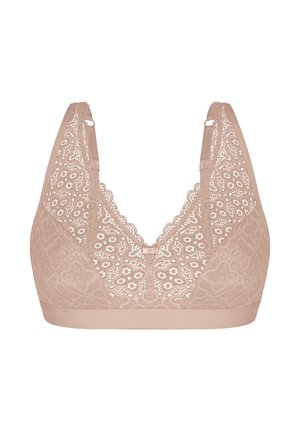Nude Spitzen-Bralette mit Blumenmustern, gezackten Kanten und breiten Schulterträgern, ohne Bügel oder Polsterung gestaltet.