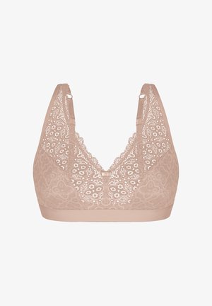 Nude Spitzen-Bralette mit Blumenmustern, gezackten Kanten und breiten Schulterträgern, ohne Bügel oder Polsterung gestaltet.
