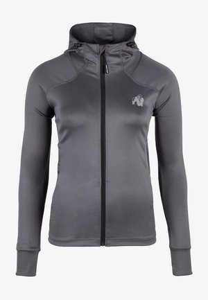Grijze, hooded sportjack met stretchy stof, voorzien van een voorkleurige rits, platte naden en een logo op de bovenste linkerkant van de borst.