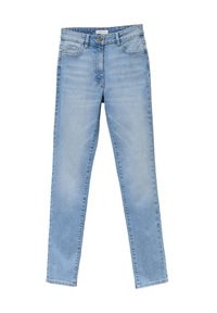 Lys blå denimjeans med lige ben-design, subtil falming, fem lommer og lynlås-gylp med knaplukning.