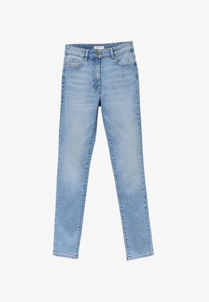 Helleblaue Denim-Jeans mit geradem Beinschnitt, subtiler Verwaschung, fünf Taschen und Reißverschluss mit Knopfverschluss.