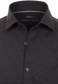 Donkergrijze overhemd met gestructureerde kraag, gemaakt van jersey-stof. Heeft een effen ontwerp en een enkele knoopsluiting.