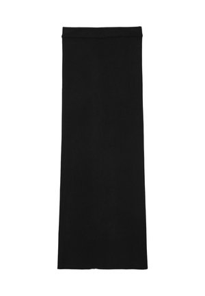 Jupe noire à côtes avec une silhouette droite, confectionnée dans un tissu doux, dotée d'une taille lisse et sans embellissements supplémentaires.