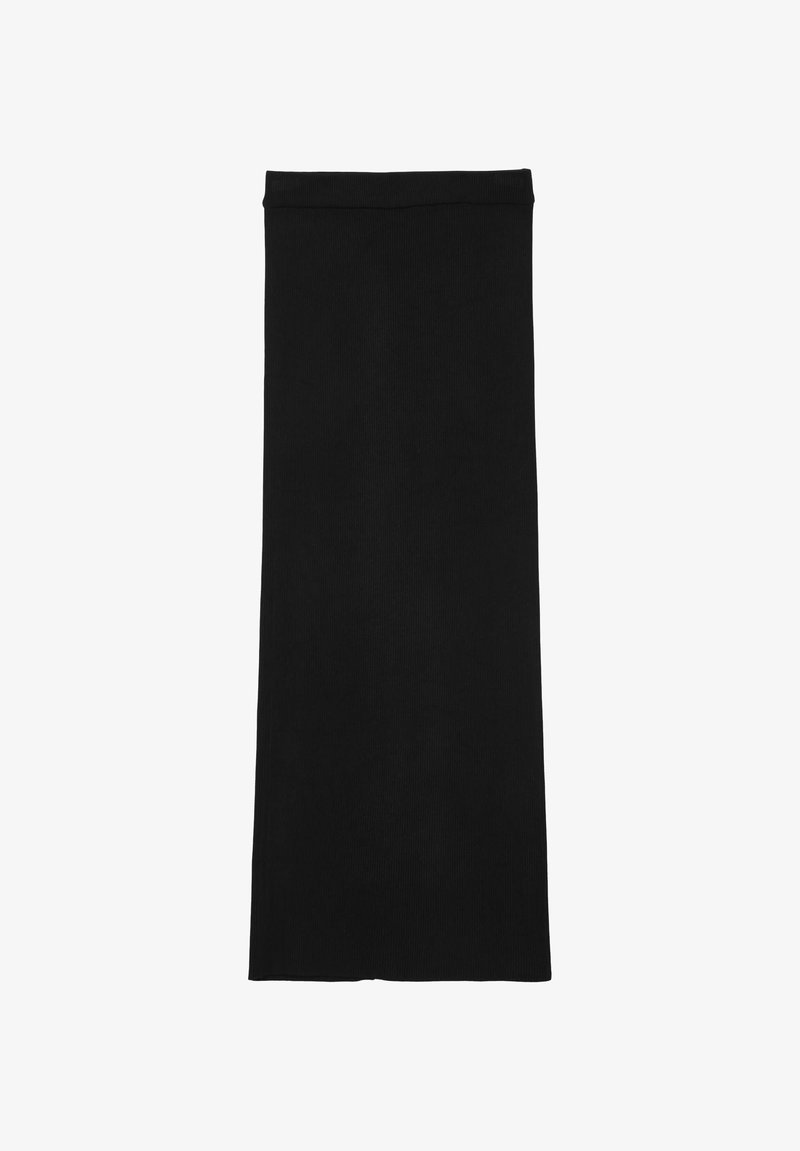 Jupe noire à côtes avec une silhouette droite, confectionnée dans un tissu doux, dotée d'une taille lisse et sans embellissements supplémentaires.