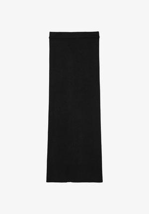 Jupe midi noire côtelée avec une silhouette droite, confectionnée dans un tissu extensible, dotée d'une large ceinture élastique.