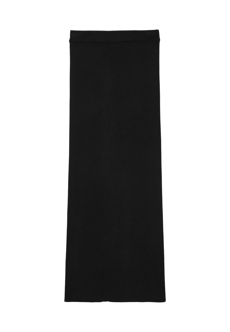 Gonna midi nera a coste con silhouette dritta, realizzata in un tessuto elasticizzato, caratterizzata da una ampia cintura elastica.