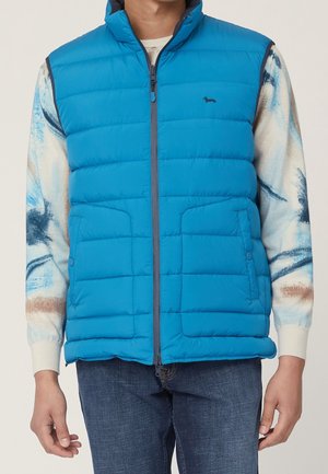 Mężczyzna ubrany w jasnoniebieską pikowaną kamizelkę bez rękawów na białej, niebiesko wzorzystej koszuli z długim rękawem i ciemnoniebieskich jeansach.