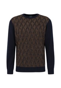 Dunkelblauer Pullover mit einem strukturierten braunen geometrischen Muster auf der Vorderseite, verfügt über einen gerippten Halsausschnitt und Bündchen, besteht aus einem weichen Strickmaterial.