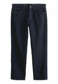 Dunkelblaue Straight-Fit-Jeans aus Denim; verfügt über fünf Taschen, einen Knopfverschluss und kontrastierende gelbe Nähte an den Nähten.