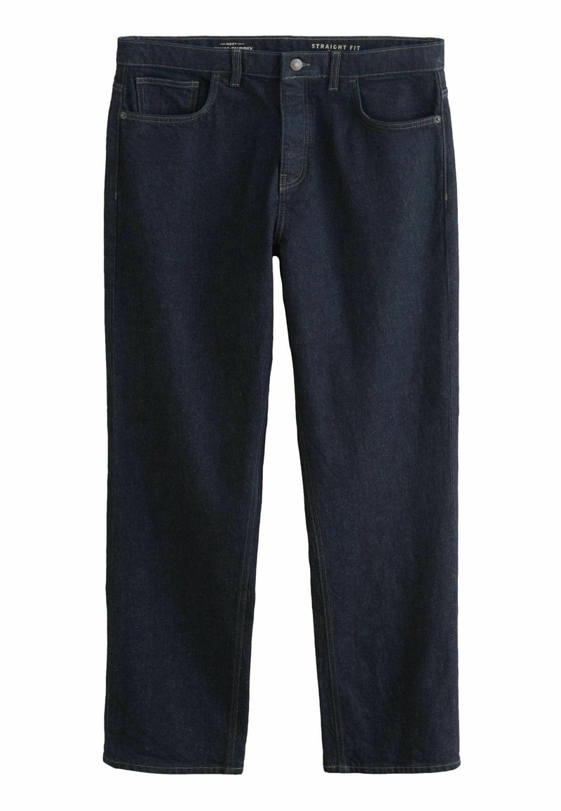Dunkelblaue, gerade geschnittene Jeans aus Denim mit fünf Taschen und sichtbaren Nähten; der Bund verfügt über einen Metallknopf und Gürtelschlaufen.