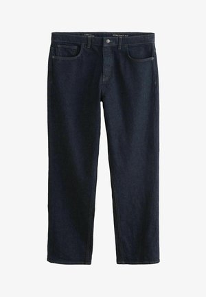 Jeans drepti de culoare albastru închis, confecționați din denim; au cinci buzunare, închidere cu nasture și cusături galbene contrastante pe ș seamă.