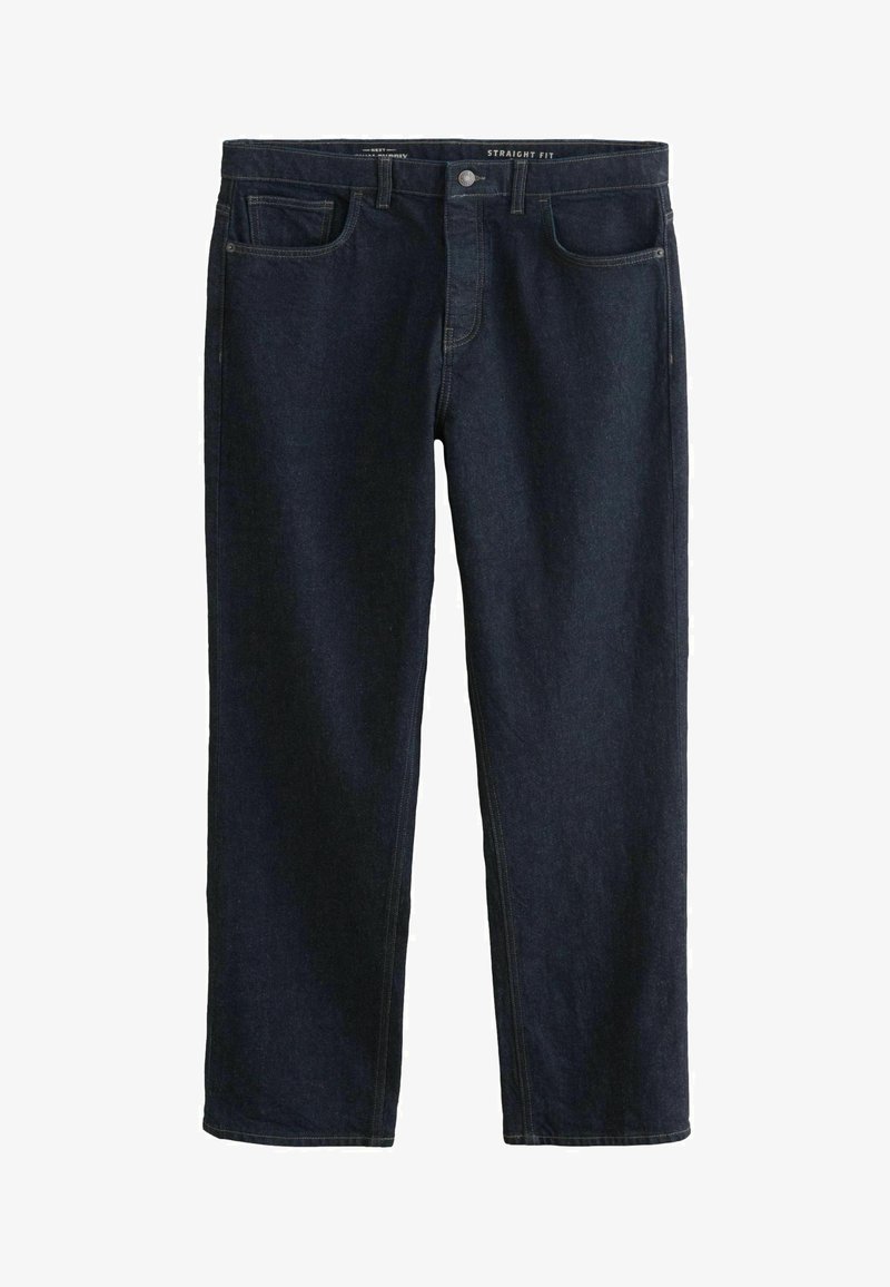 Jeans droit bleu foncé en denim ; comporte cinq poches, une fermeture à bouton et des coutures contrastantes jaunes le long des coutures.