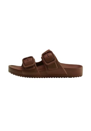 Brown open-toe slide sandal with two adjustable buckle straps and a textured sole for grip, shown on a white background.