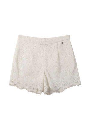 Shorts bianchi in pizzo con orlo smerlato e motivo floreale, caratterizzati da un dettaglio laterale con bottone in metallo.